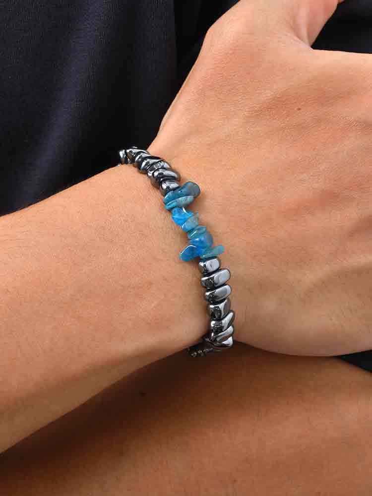 Kemston Stainless Steel Blue Apatite Stone Bead Bracelet for Men BR-3029