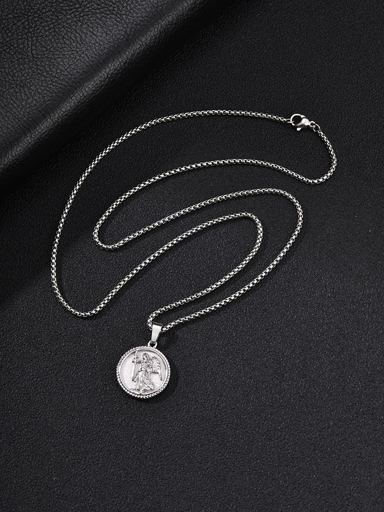Kemston Winged Figure Medallion Necklace for Men Stainless Steel Gold Silver PN-2424