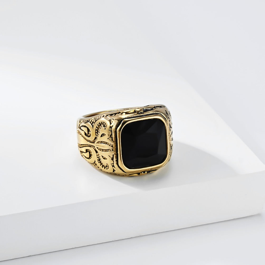 Kemston Black Stone Signet Ring for Men Stainless Steel Vintage Engraved Design K-R1199