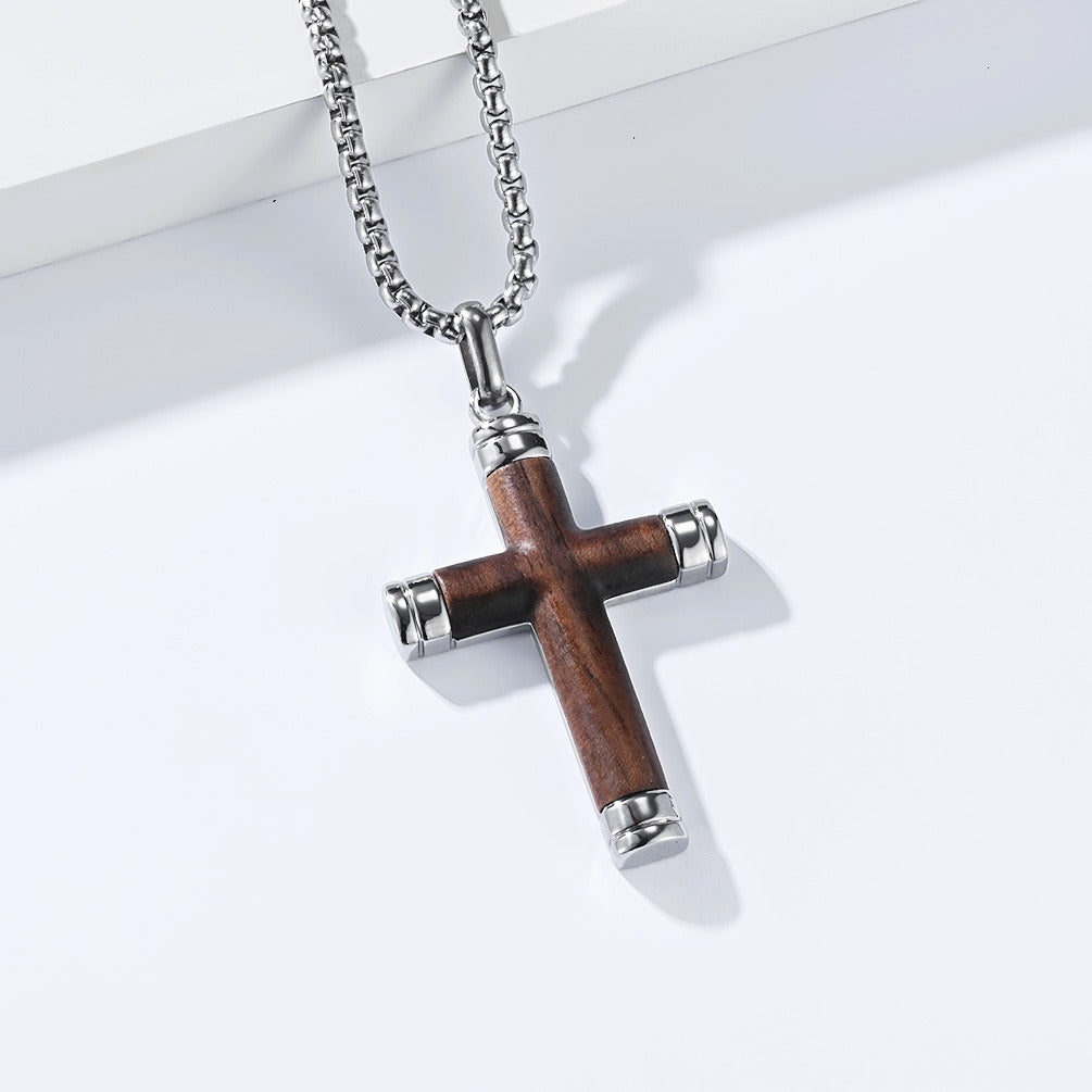 Kemstone Wood Inlay Cross Necklace for Men Stainless Steel Pendant K-PT737