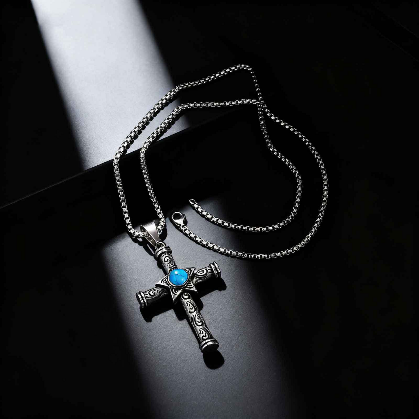 Kemstone Stainless Steel Cross Pendant Necklace Men’s Turquoise Star PN-2235