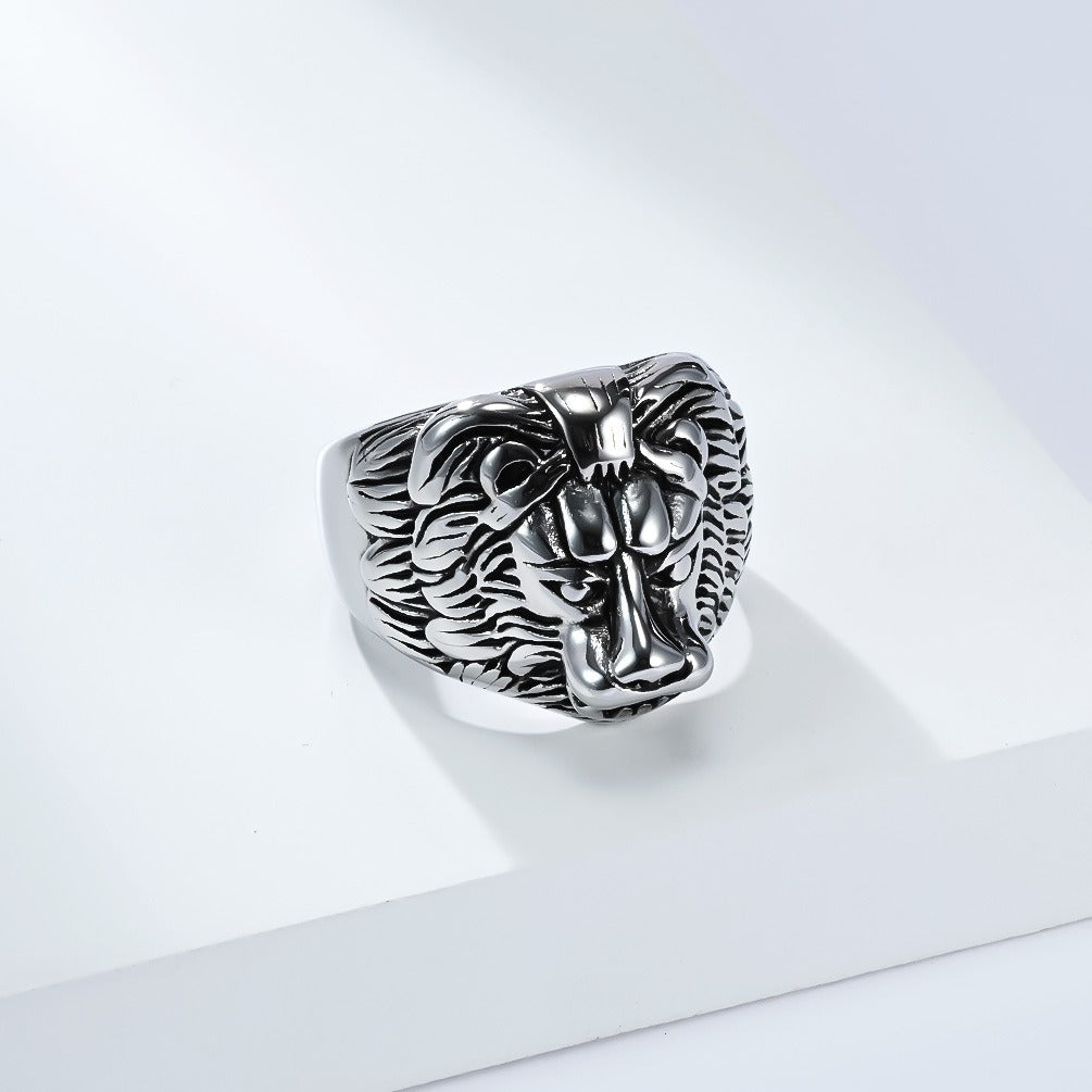 Kemstone Stainless Steel Lion Head Ring for Men Vintage Textured K-R1066