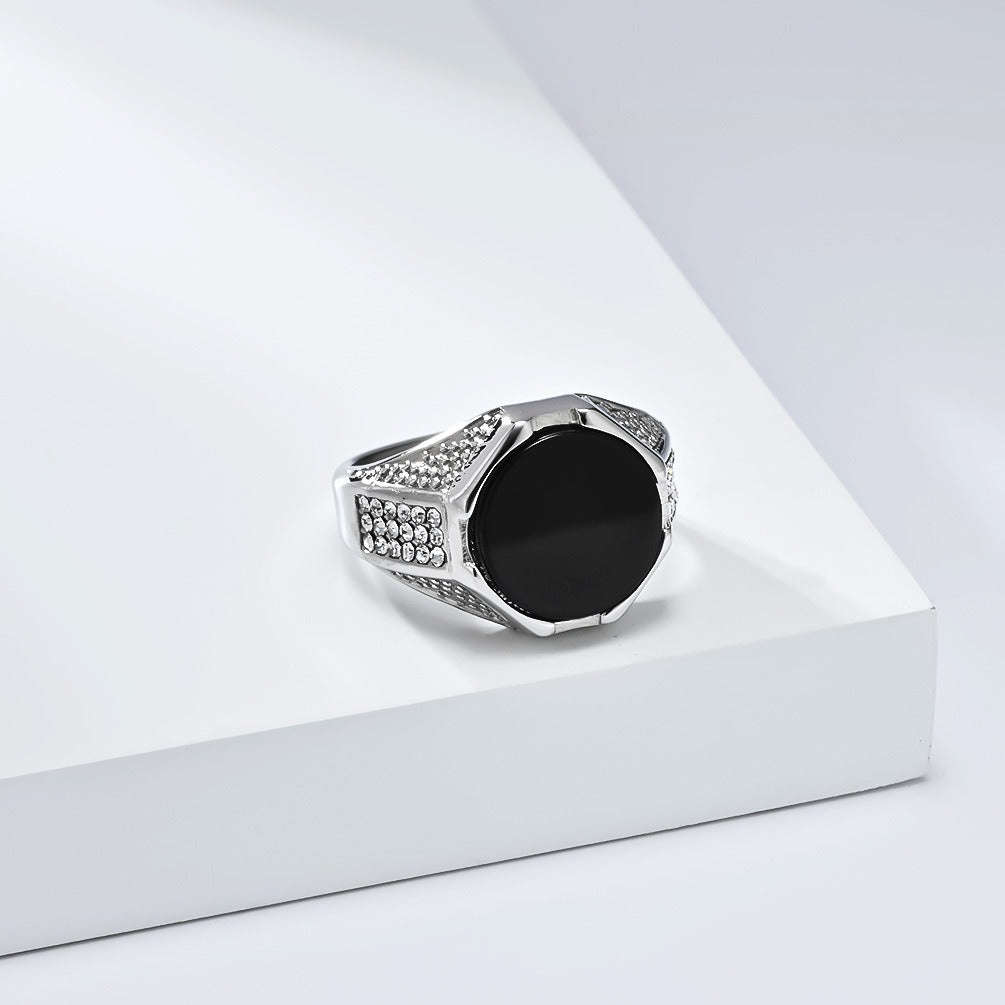Kemstone Black Stone Ring for Men Stainless Steel Side Accents K-R986