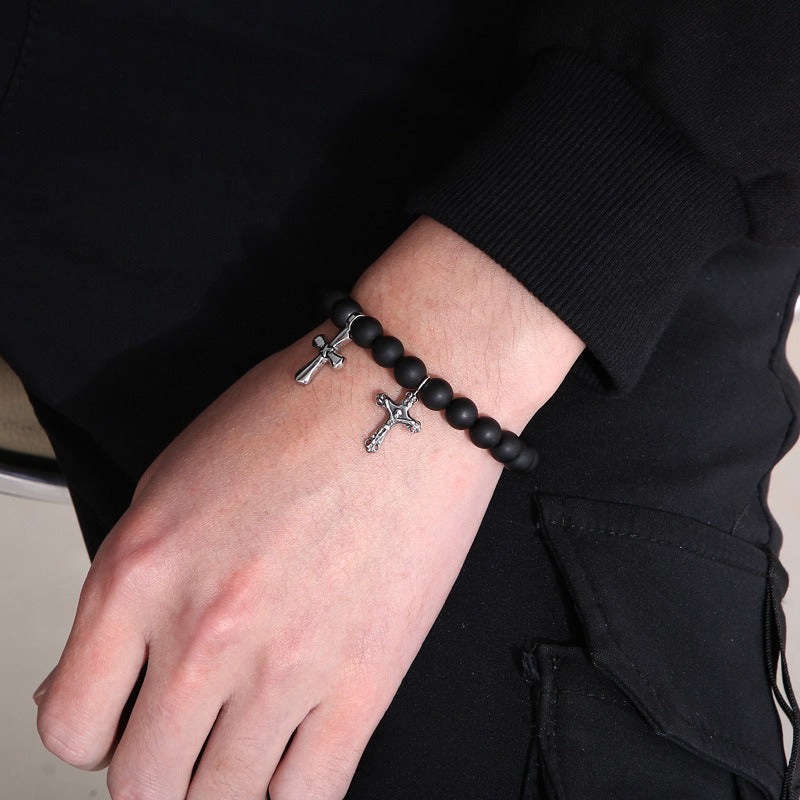Kemstone Black Onyx Beaded Bracelet – CZ Crown, Freemason Cross & Tiger Eye Accent for Men’s Gothic Streetwear KB69789-BD