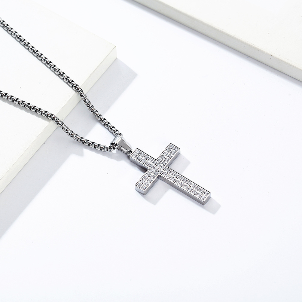 Kemstone Titanium Steel CZ Cross Necklace – Full Pave Cubic Zirconia Pendant for Men & Women K-PT477