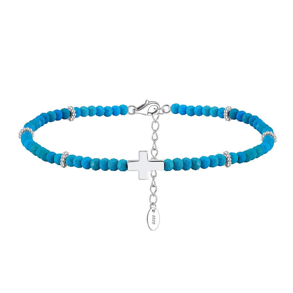 Kemstone 925 Sterling Silver Turquoise Anklet for Women Cross Charm Beaded Chain SA86