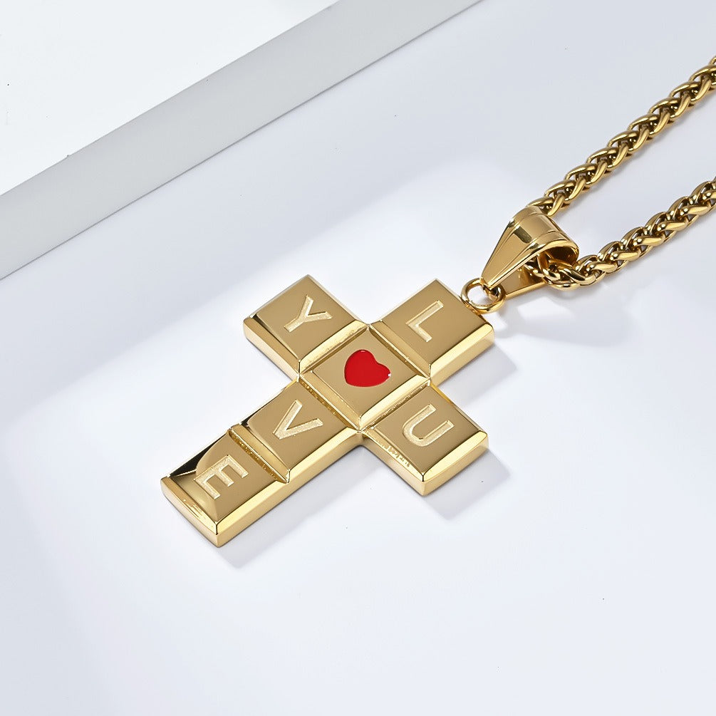 Kemstone Love Heart Cross Pendant Necklace for Men Stainless Steel K-PT554