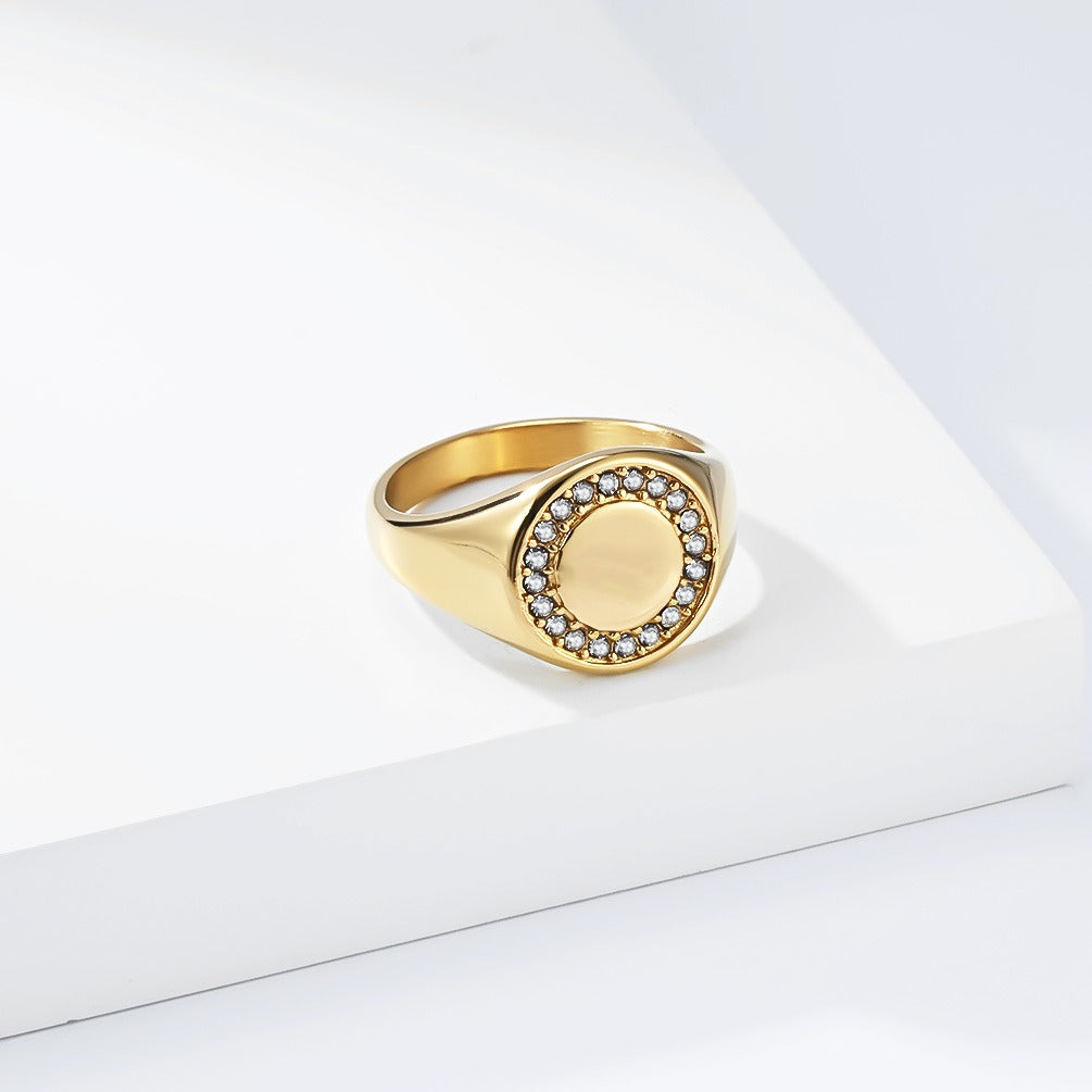 Kemstone Stainless Steel Round Signet Ring with Cubic Zirconia Halo for Men & Women Gold Silver K-R1137