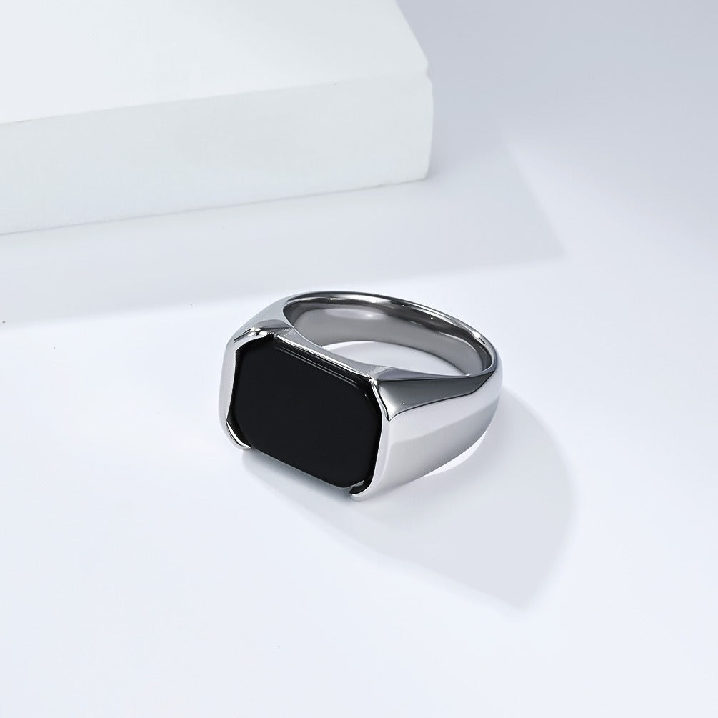 Kemstone Men’s Stainless Steel Black Onyx Ring – Rectangular Signet Band K-R1075