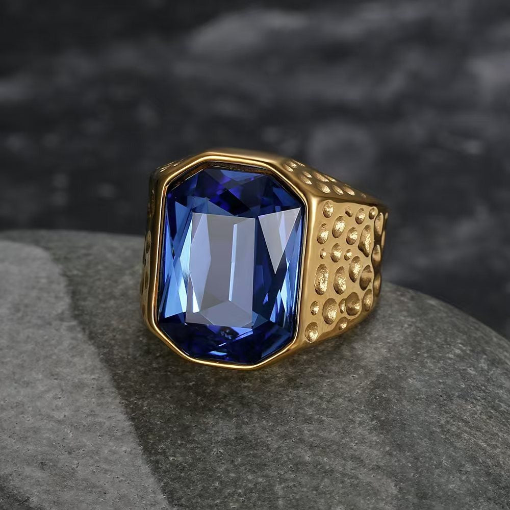 Kemstone Men’s Stainless Steel Hip Hop Ring – Gold Crystal Band TR0505