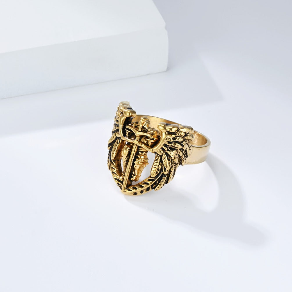 Kemstone Saint Michael Archangel Wing Ring – Stainless Steel Vintage Guardian Design for Men K-R1110