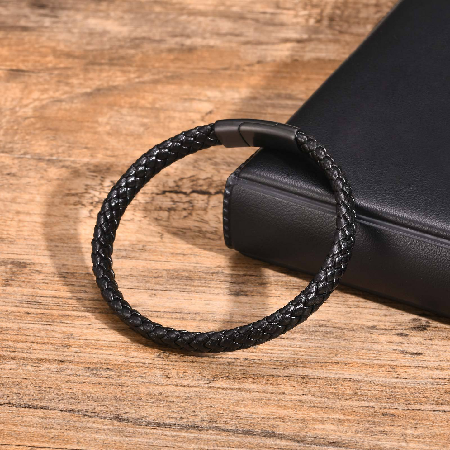 Kemstone Men’s Braided Leather Bracelet – Stainless Steel Black Clasp BL-674