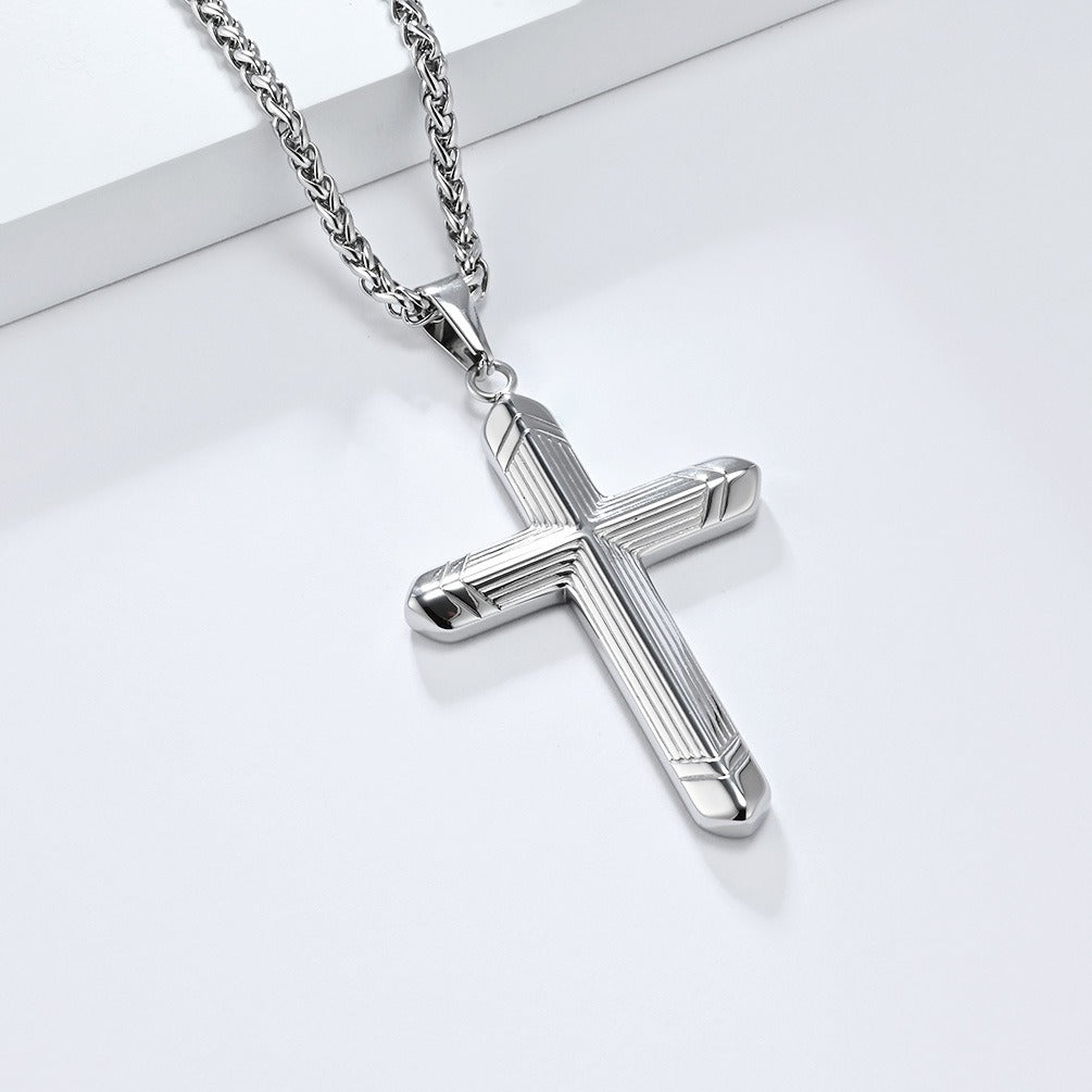 Kemstone Stainless Steel Cross Pendant Necklace for Men – Engraved Line Relief, Silver Gold Black K-PT588