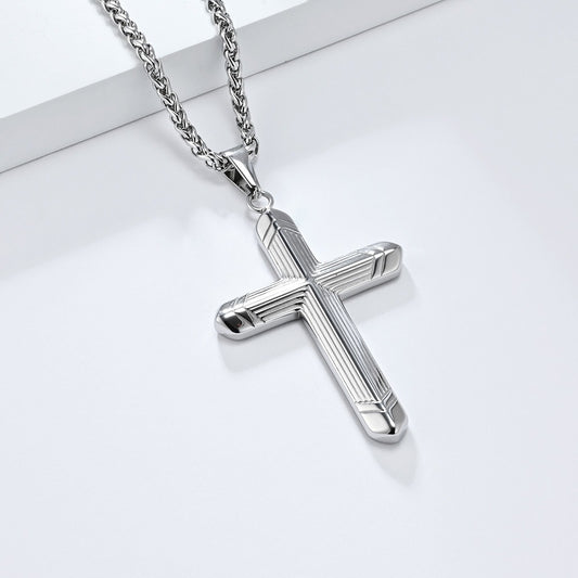 Kemstone Stainless Steel Cross Pendant Necklace for Men – Engraved Line Relief, Silver Gold Black K-PT588
