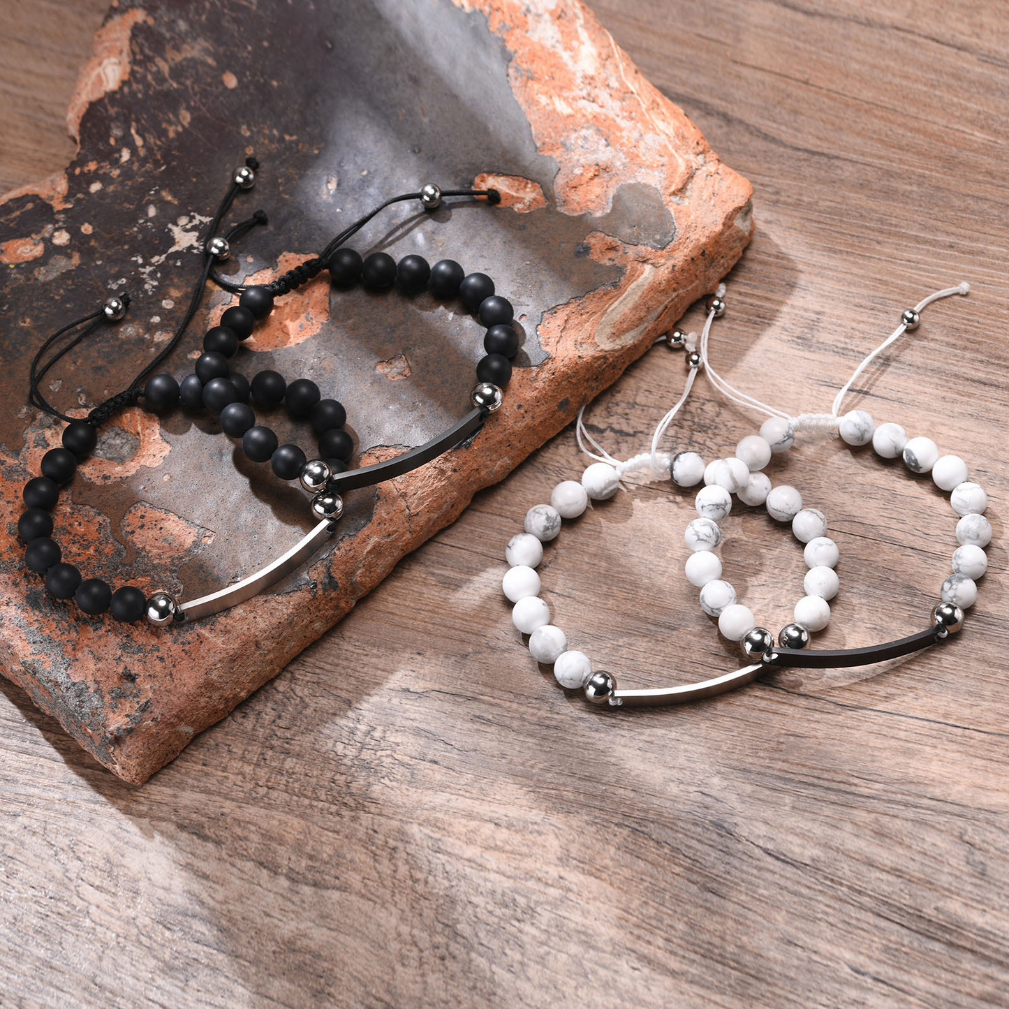 Kemstone Curved Bar Black Onyx Beaded Bracelet for Men – Adjustable Nylon Cord BR-610