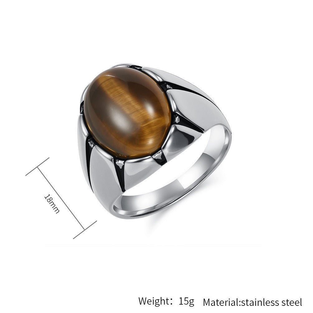 Kemstone Men’s Stainless Steel Oval Stone Ring – Black Stone & Tiger Eye K-R999