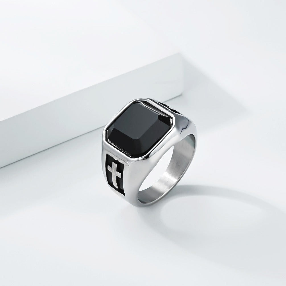 Kemstone Stainless Steel Black Resin Cross Signet Ring for Men K-R1121