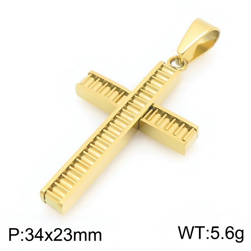 Kemstone Layered Cross Pendant Necklace for Men Stainless Steel Ribbed Design KP119486-HR