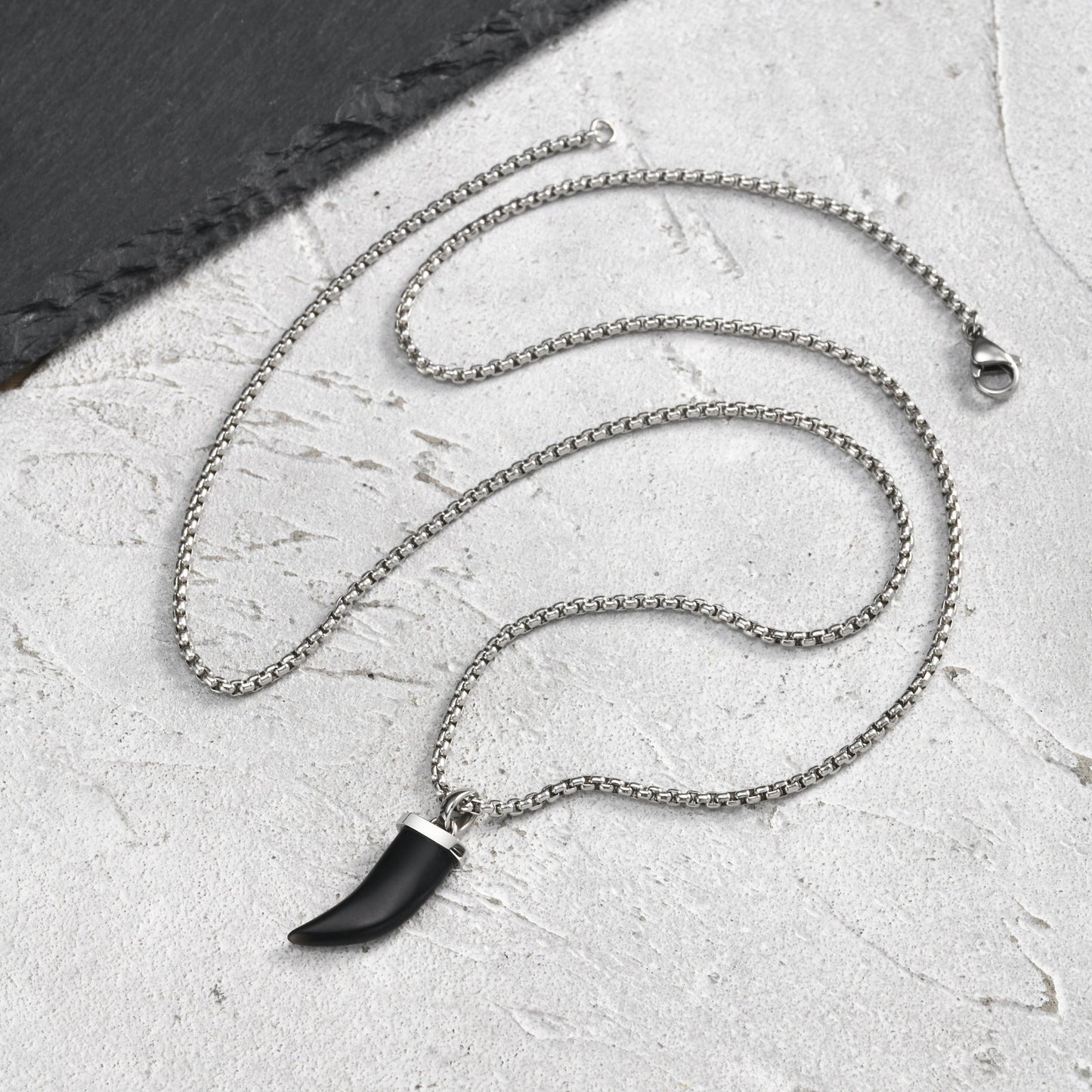 Kemstone Horn Pendant Necklace for Men & Women Stainless Steel Tiger Eye Black Agate PN-2438