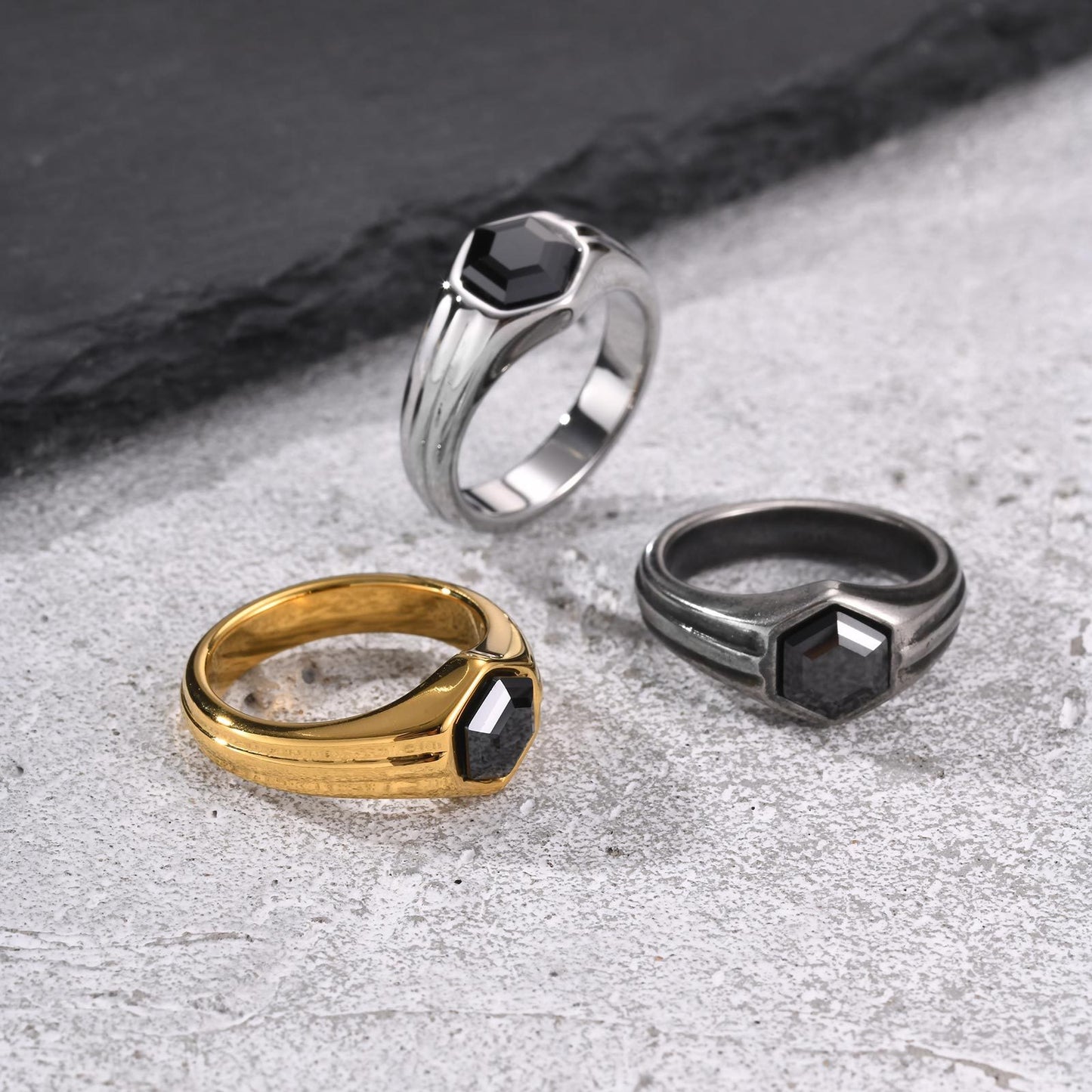 Kemstone Stainless Steel Hexagon Black Zircon Ring for Men RC-985