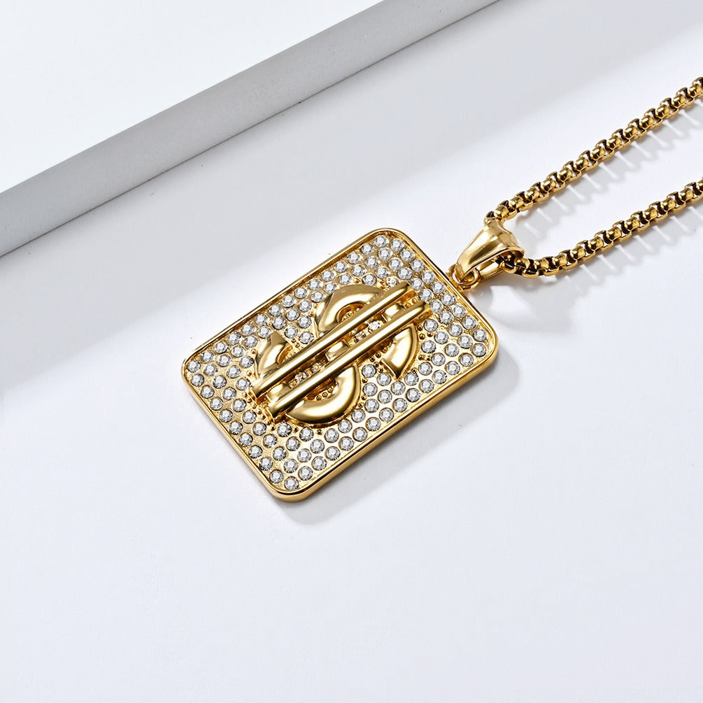Kemstone Men’s Titanium Steel Dollar Sign Pendant Necklace – Hip Hop Iced Out Style K-PT602
