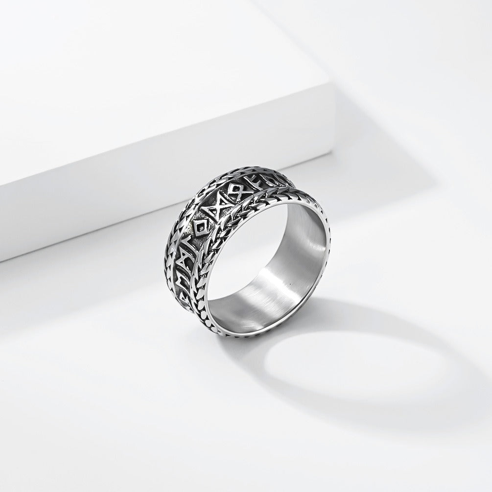 Kemstone Stainless Steel Viking Rune Ring for Men Wide Engraved Silver Gold Black K-R1151