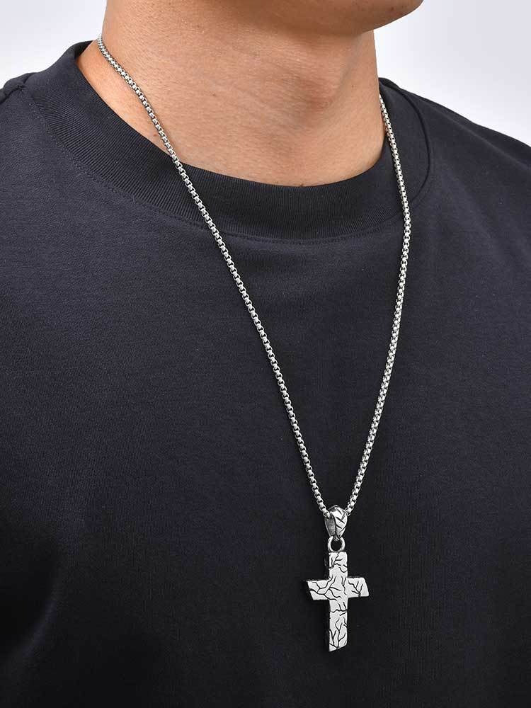 Kemston Cracked Texture Cross Pendant Necklace for Men Stainless Steel Vintage Silver Design PN-2420