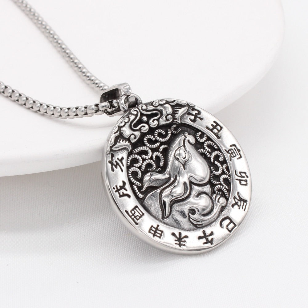 Kemston Zodiac Animal Medallion Necklace for Men Stainless Steel Vintage P0959