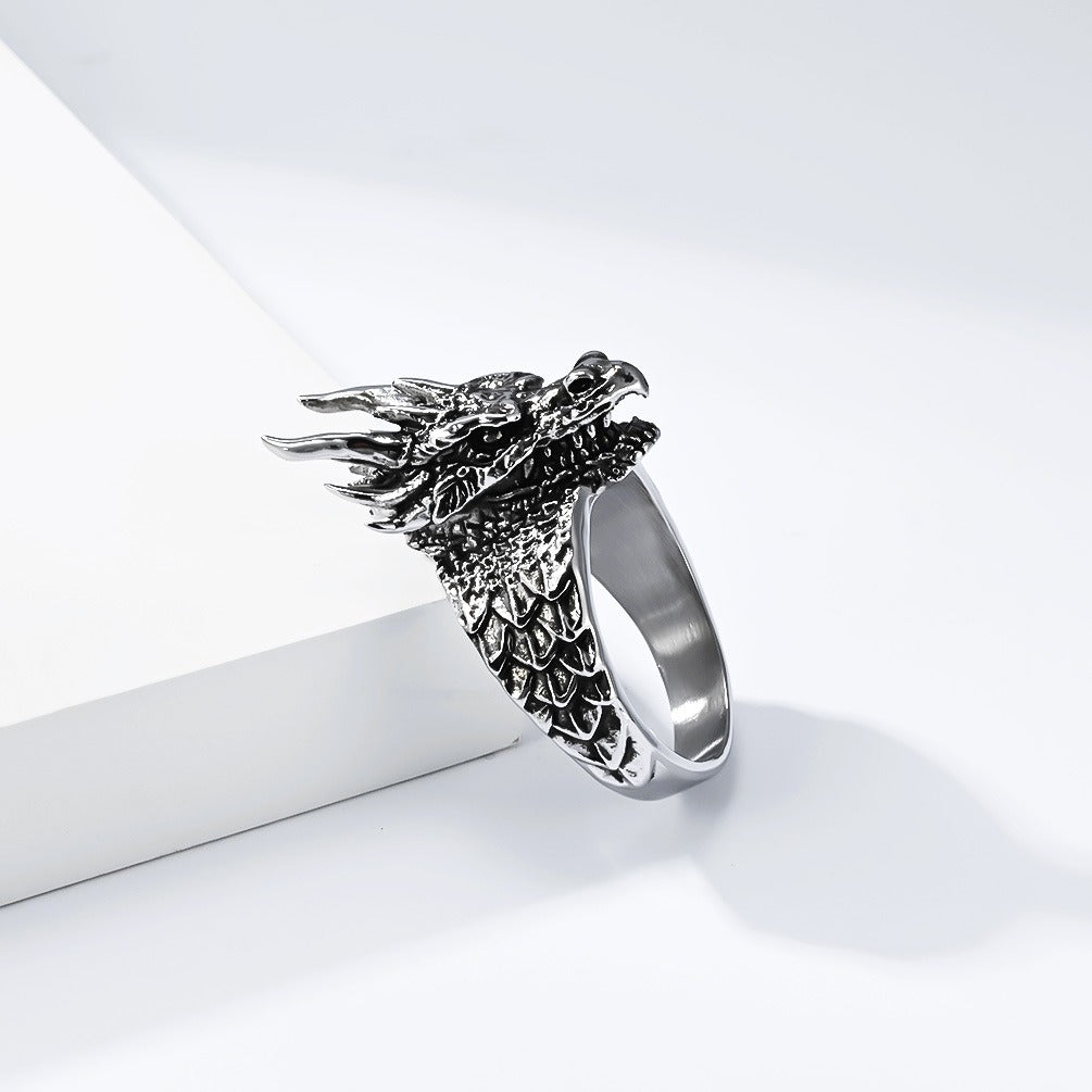Kemstone Stainless Steel Dragon Head Ring – Gothic Vintage Style for Men K-R1150