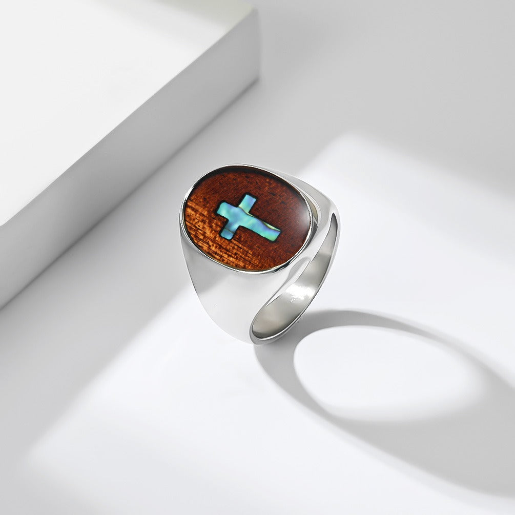 Kemstone Wood Inlay Cross Signet Ring for Men Stainless Steel Vintage K-R12390