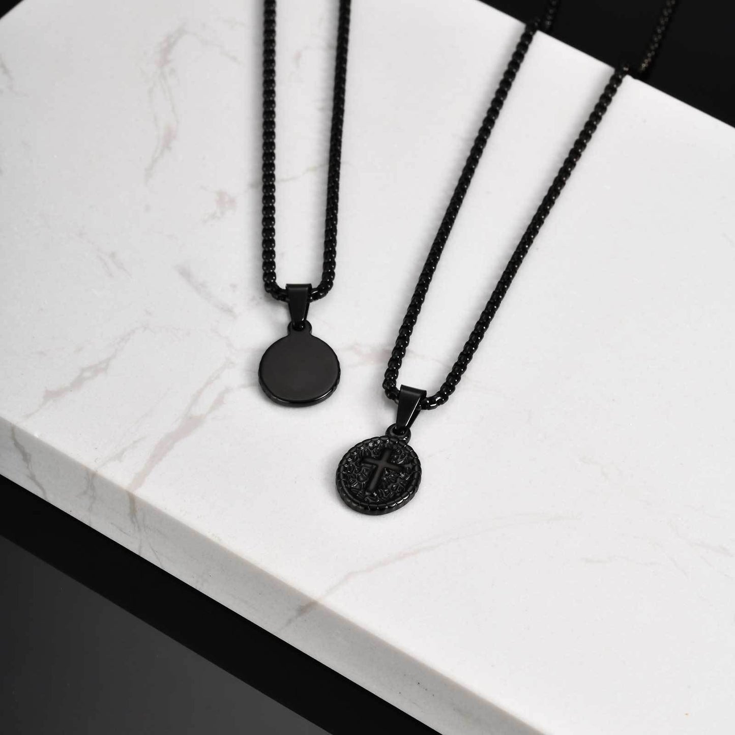 Kemstone Men’s Stainless Steel Cross Oval Pendant Necklace – Silver Black PN-2182