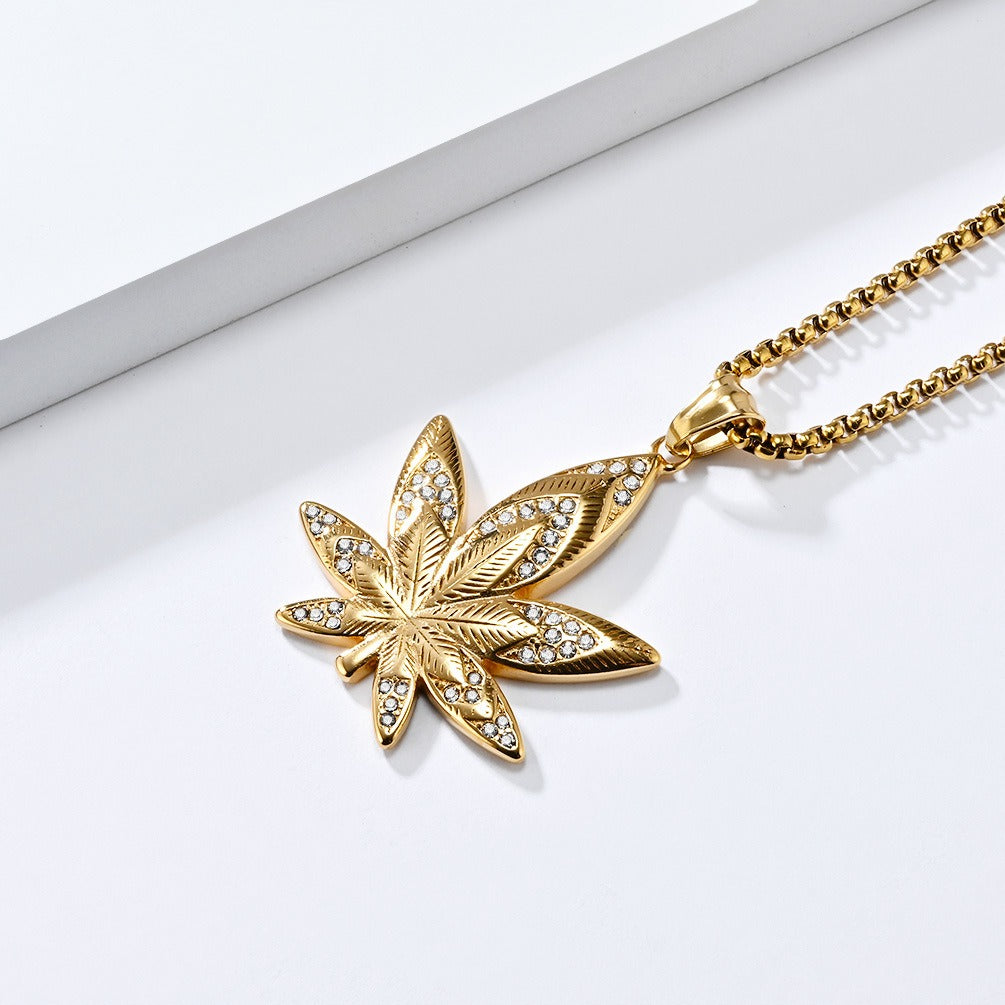 Kemstone Leaf Pendant Necklace Stainless Steel Cubic Zirconia for Men K-PT603
