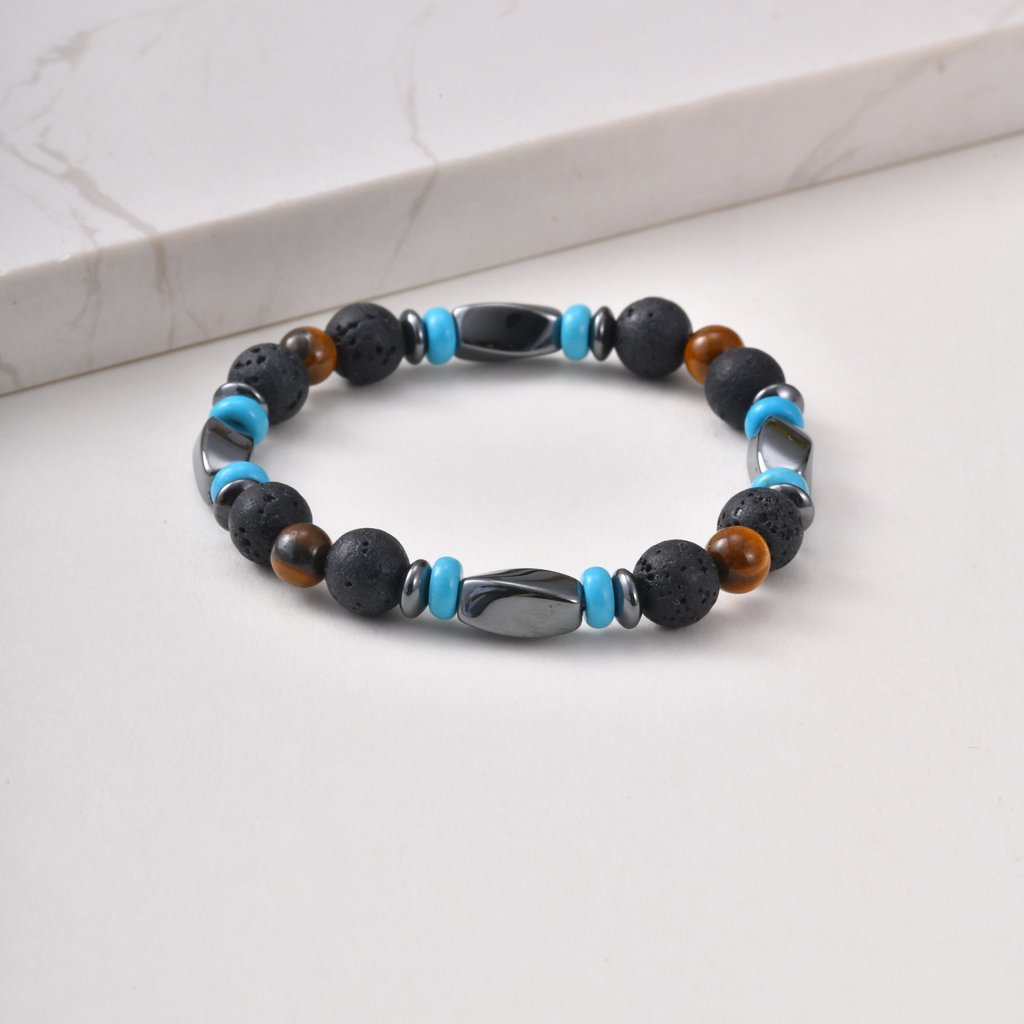 Kemstone Mixed Black Beaded Bracelet for Men Stainless Steel Spacer Stretch Chain BR-3143