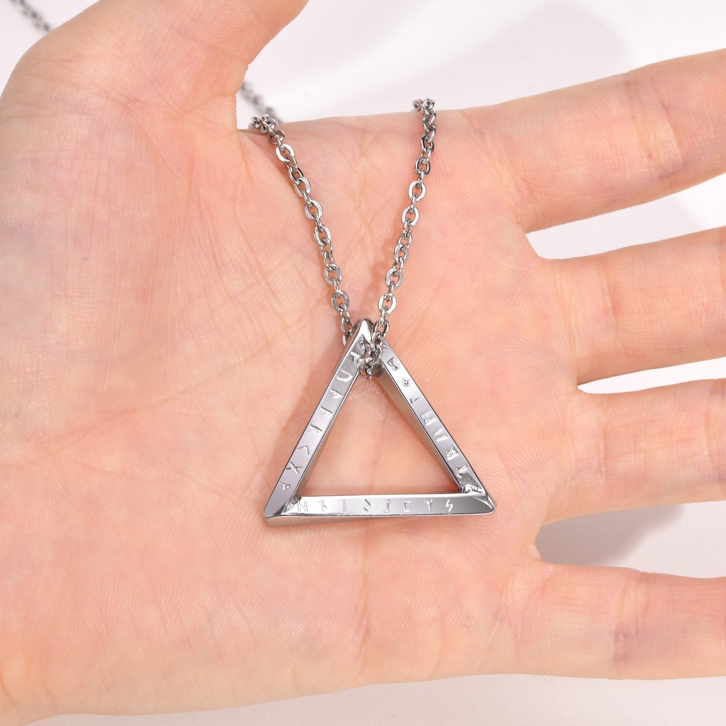 Kemstone Viking Runes Triangle Pendant Necklace – Stainless Steel Nordic Symbol Jewelry for Men Silver & Black PN-1707