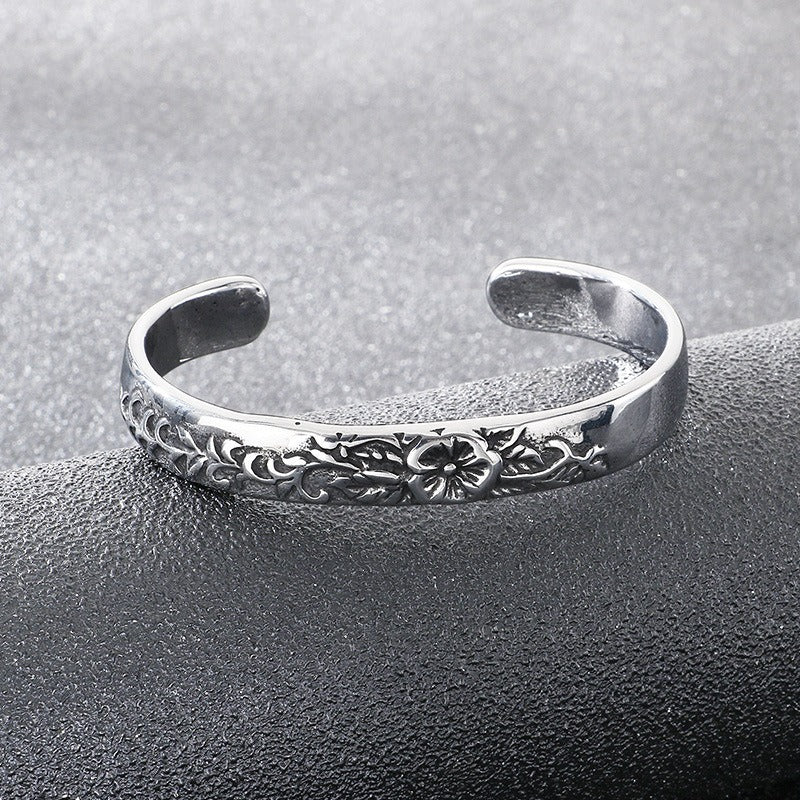 Kemstone Vintage Floral Engraved Titanium Steel Cuff Bracelet – Open Design for Men & Women KB209296-LU
