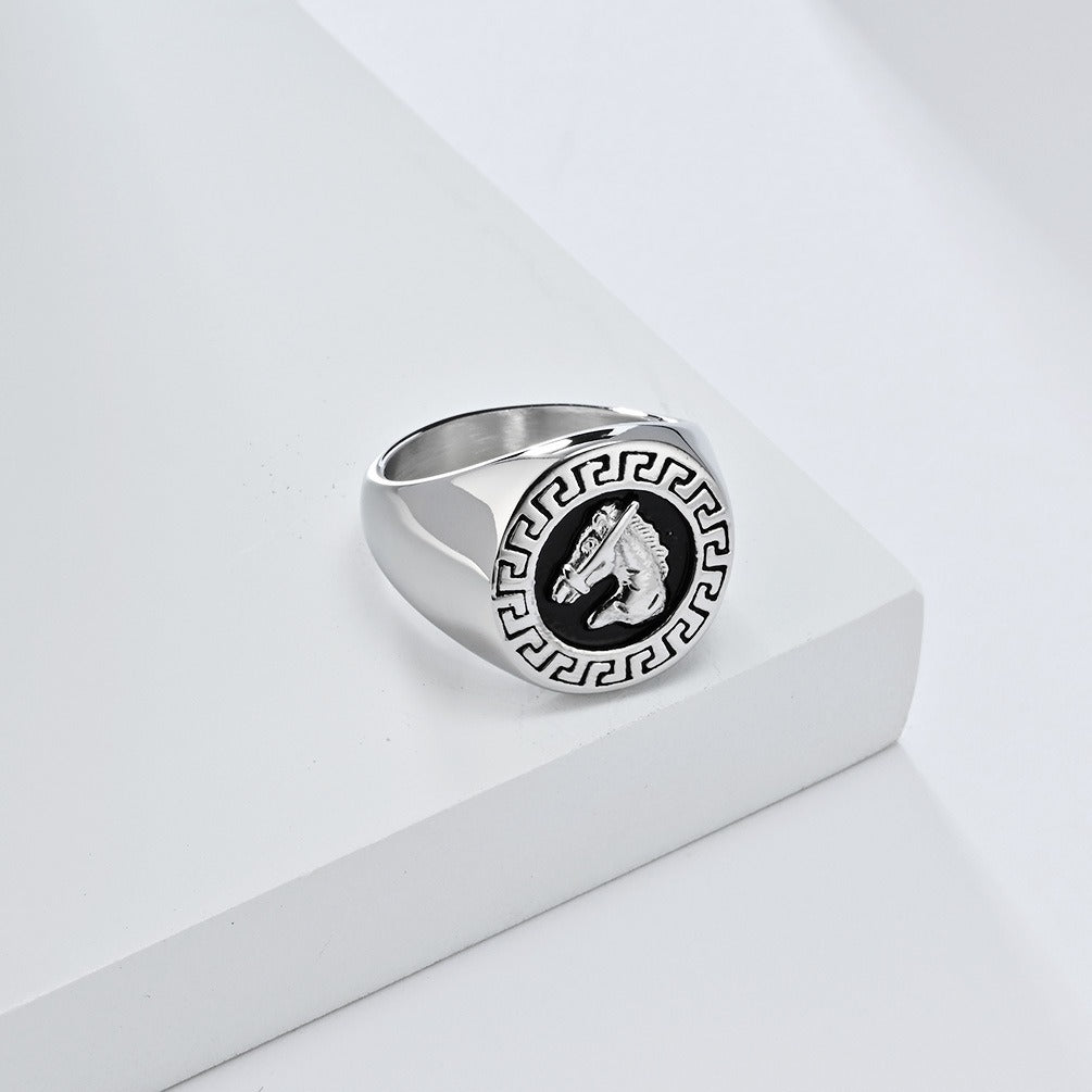 Kemstone Stainless Steel Horse Head Signet Ring – Vintage Relief Style for Men K-R956
