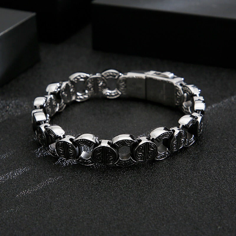 Kemstone Vintage Skull Link Bracelet for Men – Titanium Steel Heavy Chain, Antique Finish KB125372-BDJX