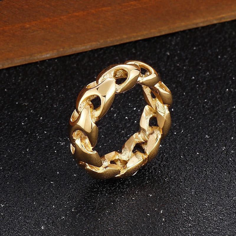 Kemstone Dragon Bone Chain Ring – Gold Titanium Steel Biker Jewelry for Men | Gothic Streetwear Accessory KR104681-KJX