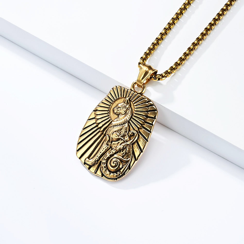 Kemstone Ancient Cat Symbol Stainless Steel Pendant Necklace for Men – Engraved Relief, Gold Silver K-PT699