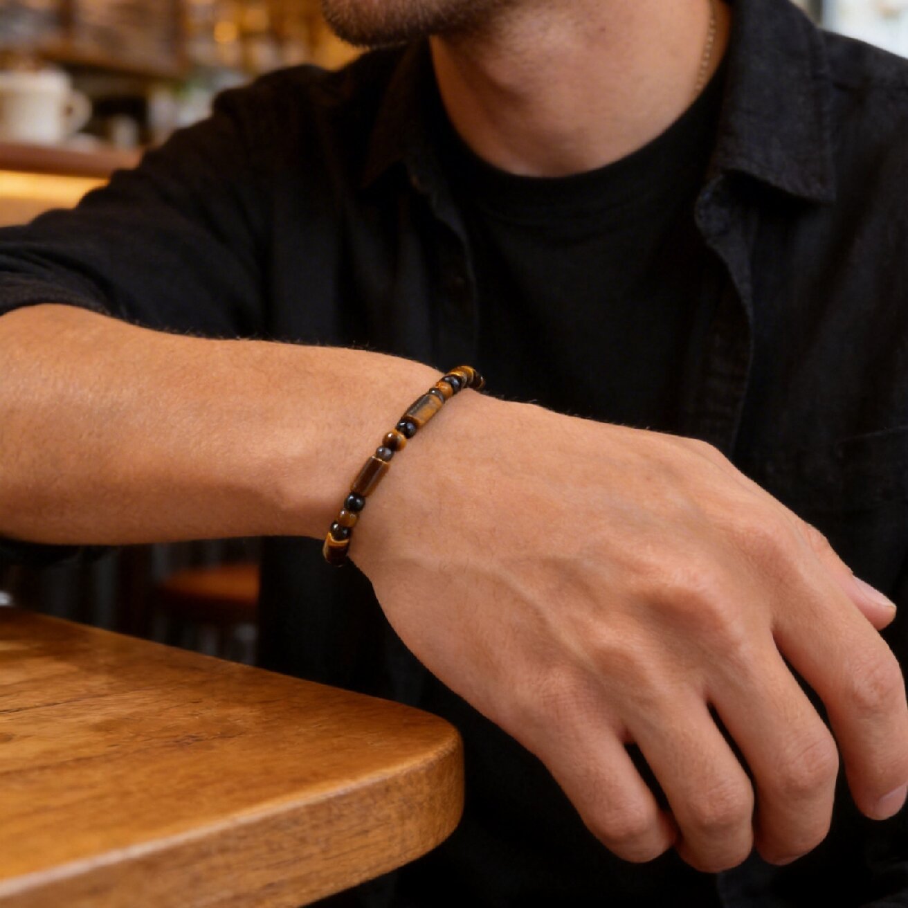 Kemstone Tiger Eye Beaded Bracelet for Men – Natural Stone Black Onyx Adjustable Chain BR-2924