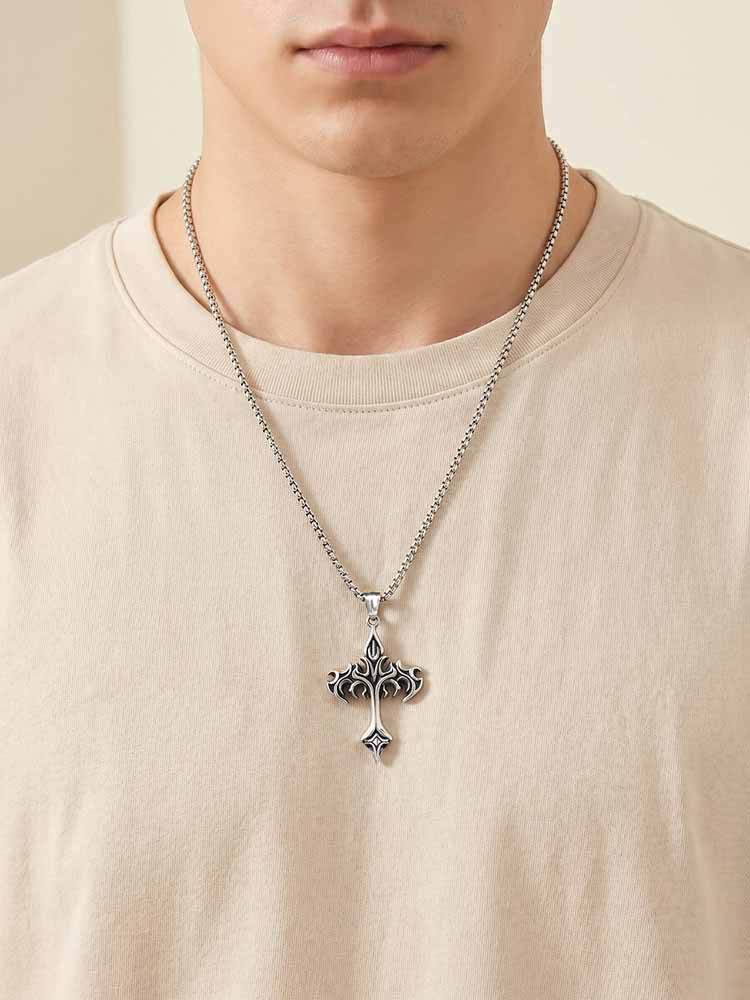 Kemstone Stainless Steel Flame Cross Pendant Necklace for Men Gothic Silver PN-2390