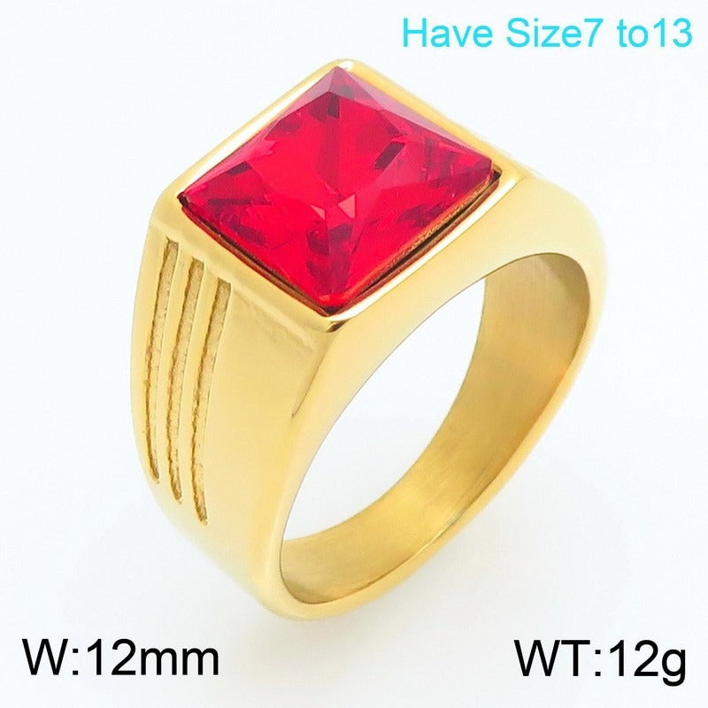 Kemstone Titanium Steel Square Red Stone Signet Ring for Men Vintage Gold Silver KR114482-MZOZ