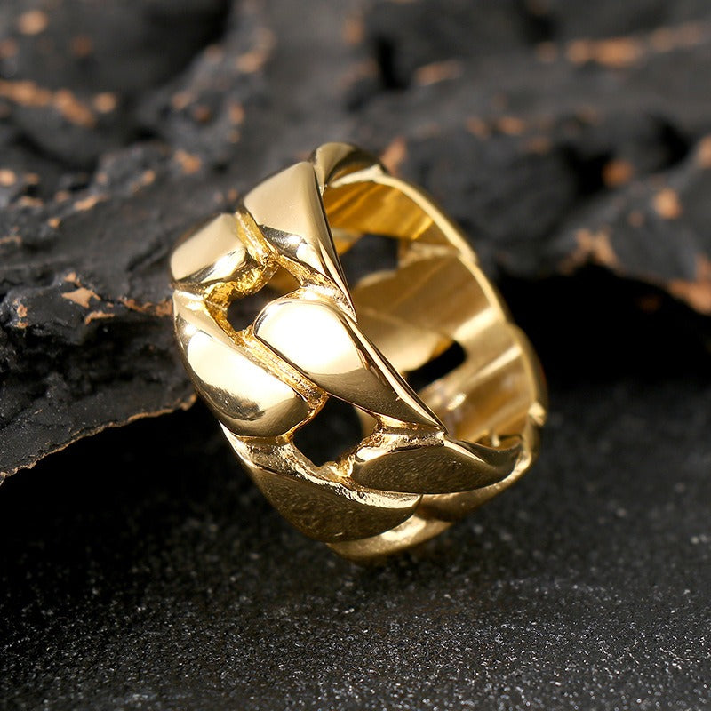 Kemstone Titanium Steel Cuban Link Ring – Wide Hollow Band for Men KR112494-KJX