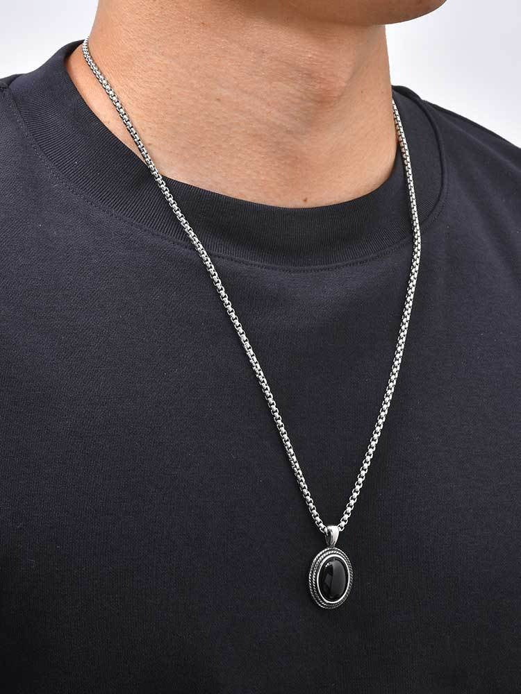 Kemston Black Stone Pendant Necklace for Men Stainless Steel Oval Vintage Frame PN-2462