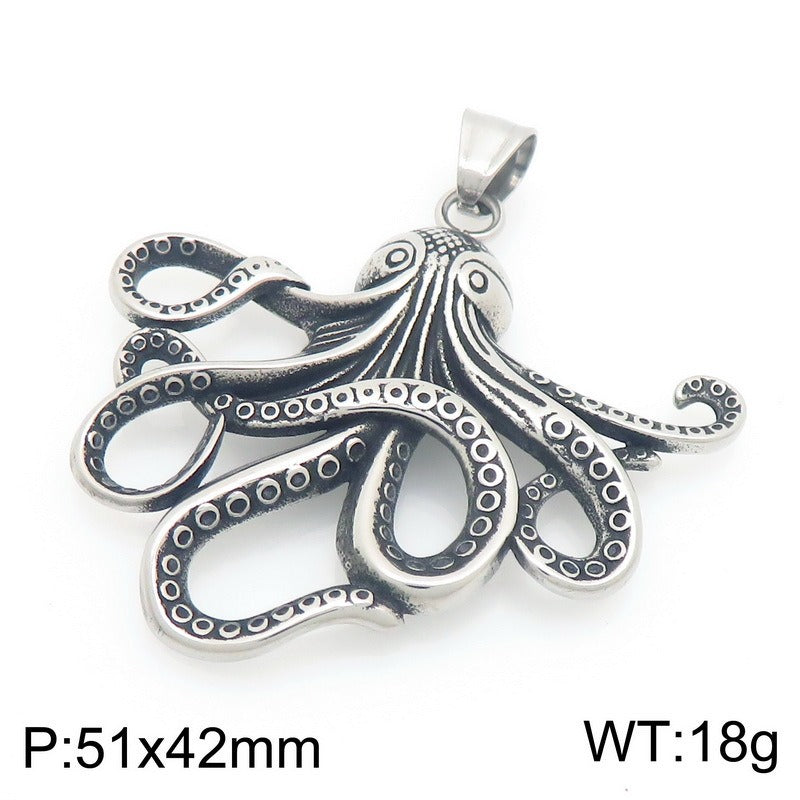 Kemstone Titanium Steel Octopus Fish Bone Pendant Necklace for Men Punk Ocean Animal Vintage Oxidized Silver KP117754-LU
