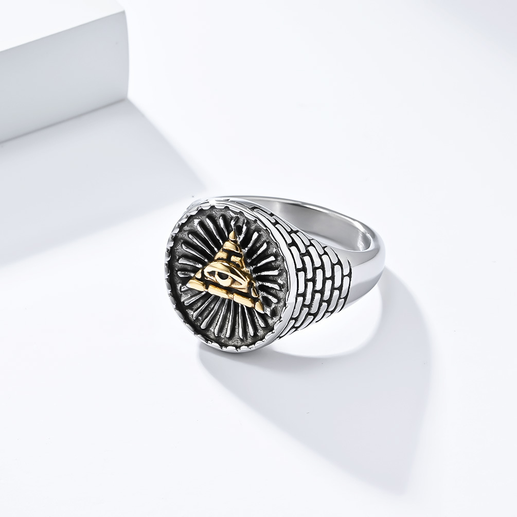 Kemstone Stainless Steel Triangle Eye Signet Ring for Men Vintage Textured K-R852