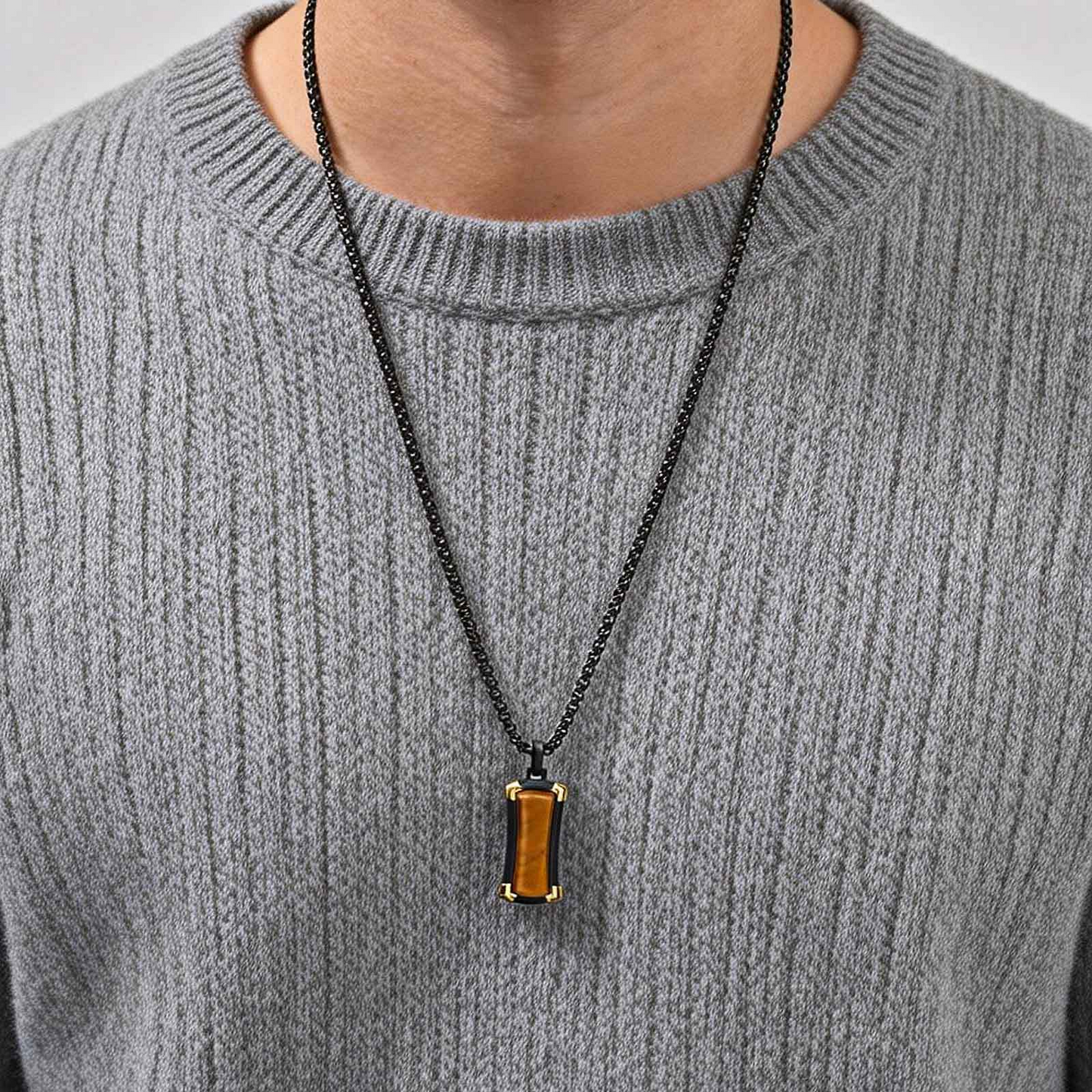 Kemstone Tiger Eye Stone Pendant Necklace for Men – Stainless Stee PN-2305