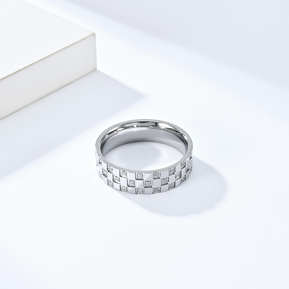 Kemstone Titanium Steel Grid Cubic Zirconia Ring Geometric Design for Men Women K-R743