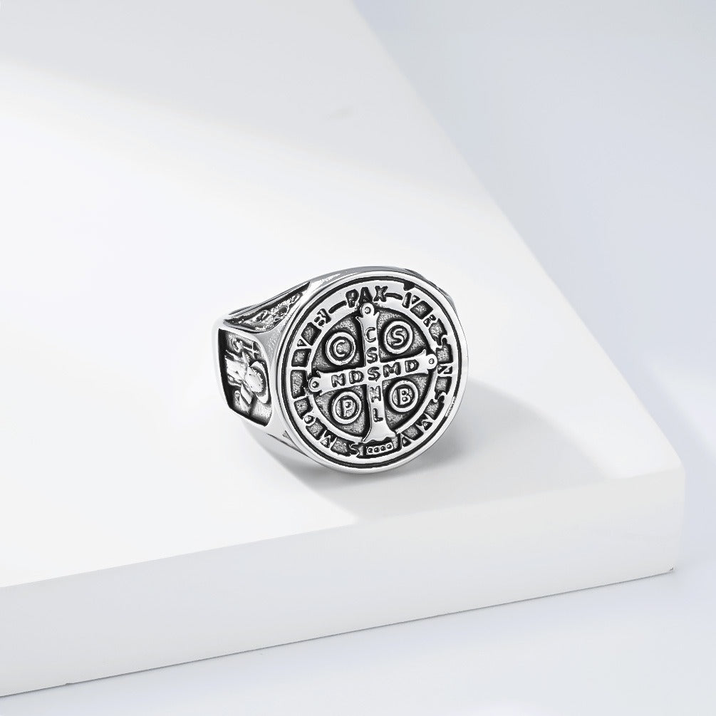 Kemstone Stainless Steel Cross Medallion Ring for Men Vintage Engraved Coin Signet Seal Symbol Silver Gold Black K-R1143