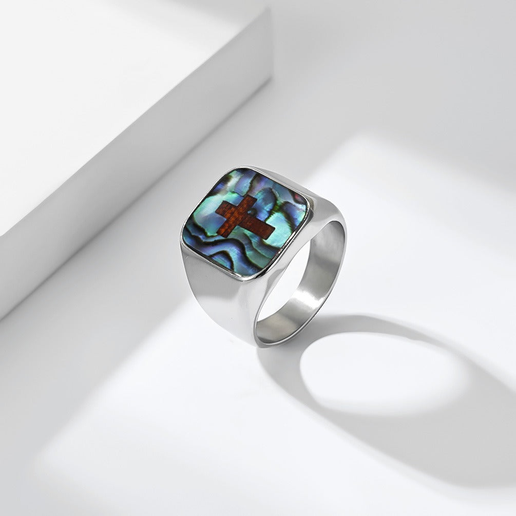 Kemstone Abalone Shell Cross Signet Ring for Men Stainless Steel K-R1239